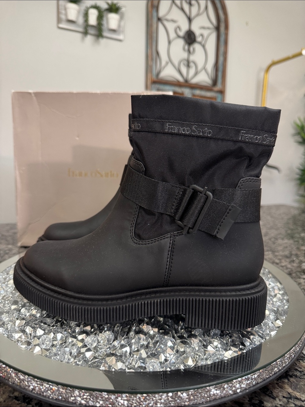 Franco Sarto Jan Black moto pull on Strap Combat-Style Ankle Boots NEW 6.5